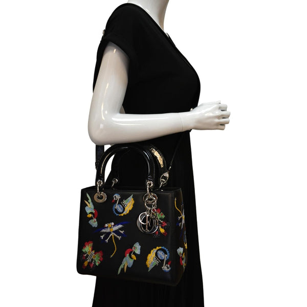 CHRISTIAN DIOR Lady Dior Embroidered Calfskin Shoulder Bag Black