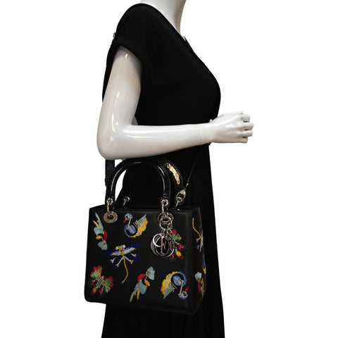 CHRISTIAN DIOR Lady Dior Embroidered Calfskin Shoulder Bag Black