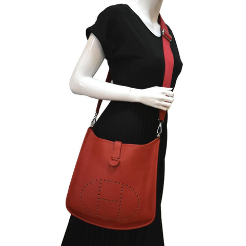 HERMES Evelyne III Clemence Leather Crossbody Bag Red