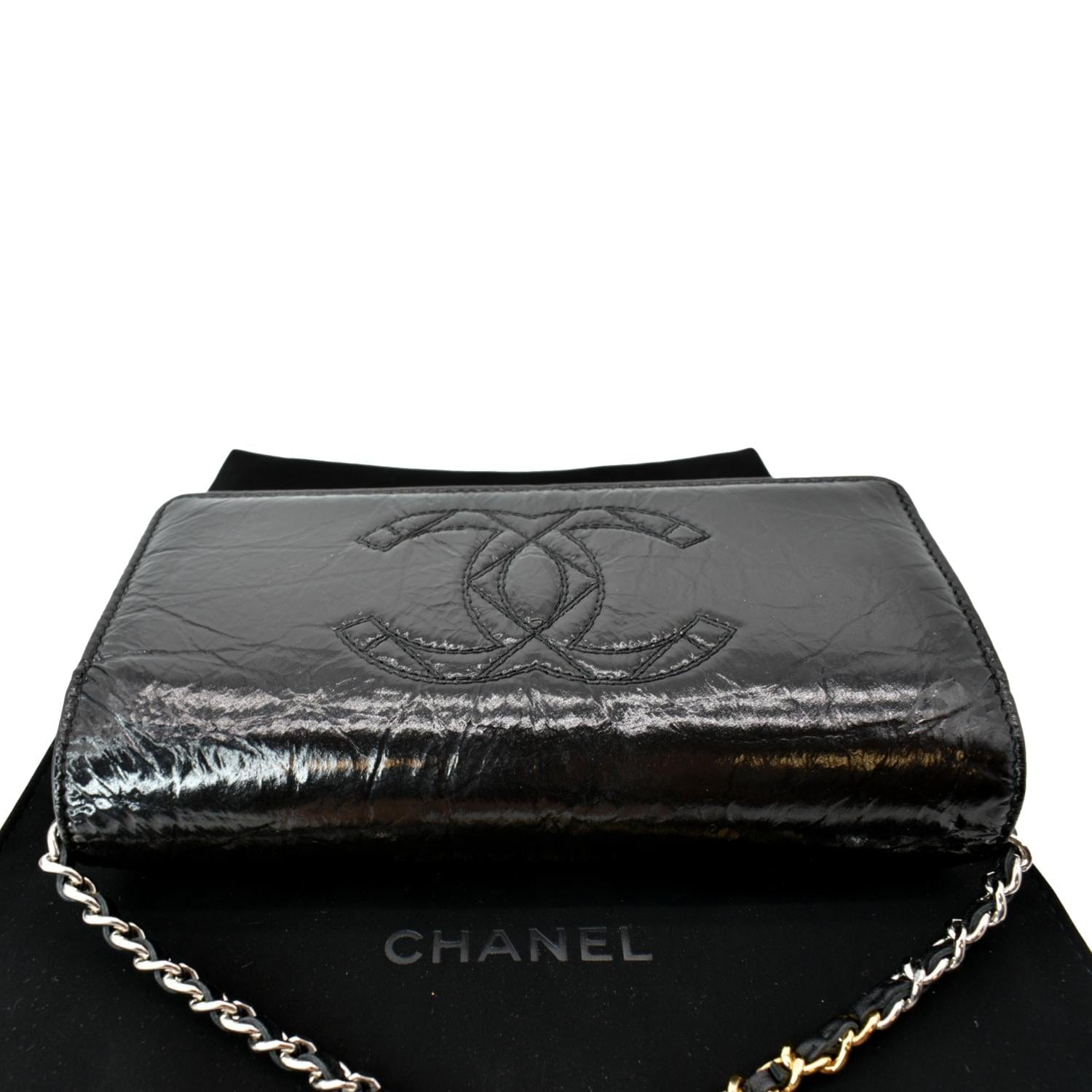 Chanel Vintage Black Patent Leather Wallet On Chain WOC Bag at 1stDibs