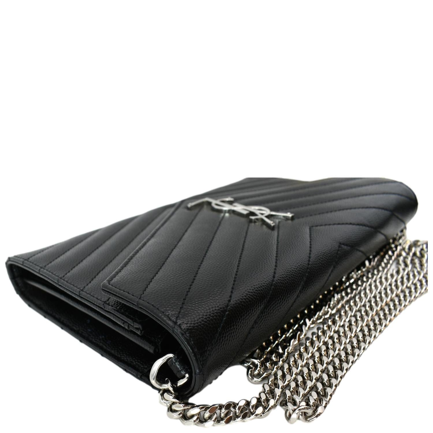 Black saint Laurent YSL wallet on a chain embossed leather bag