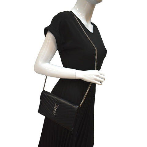 Yves Saint Laurent Embossed Leather Wallet on Chain Shoulder Bag Black