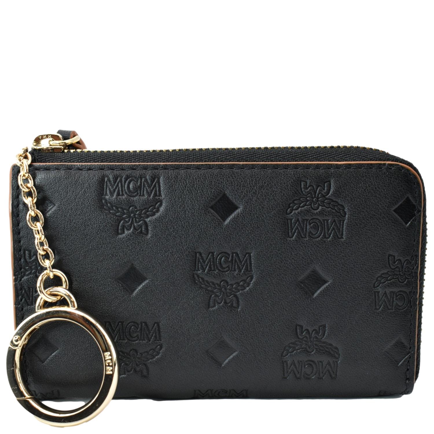 MCM Aren Mini Embossed Monogram Zip Wallet Black