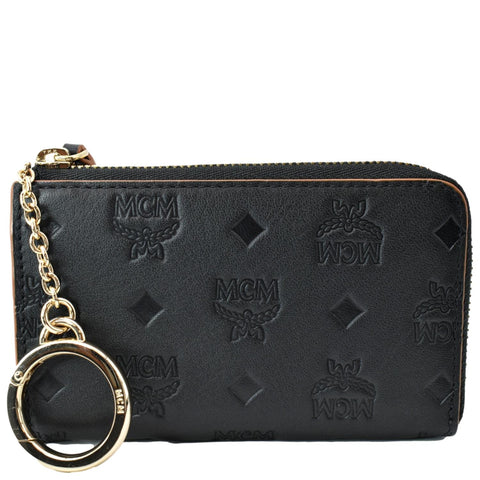 MCM Aren Mini Embossed Monogram Zip Wallet Black