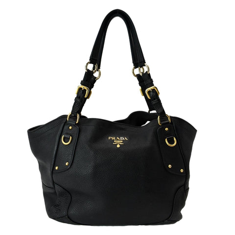 PRADA Vitello Daino Pebbled Leather Tote Bag Black