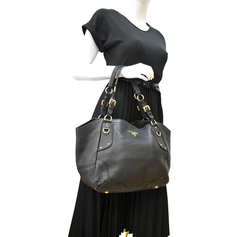 PRADA Vitello Daino Pebbled Leather Tote Bag Black