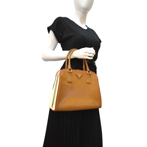 PRADA Vernice Pyramid Saffiano Leather Top Handle Bag Brown