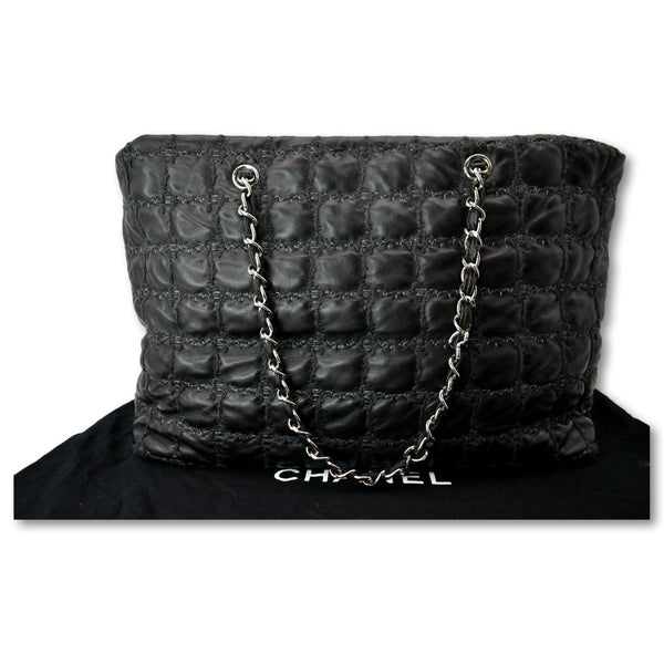 CHANEL GST Tweed Double Stitch Lambskin Leather Tote Bag Black