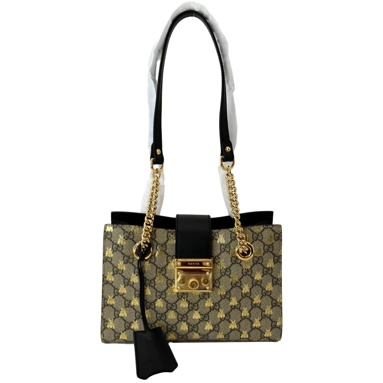 Gucci Ophidia Bees Padlock Small GG Supreme Canvas Tote Bag Beige 498156