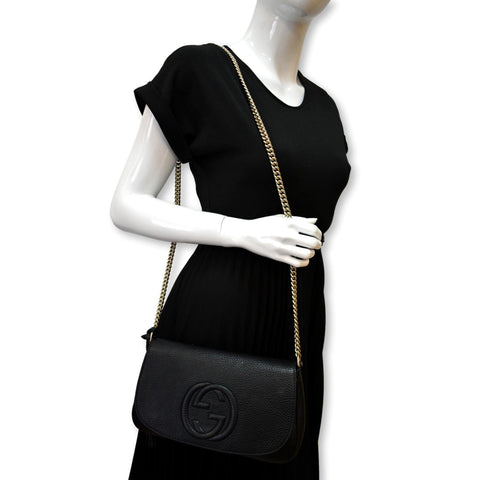 GUCCI GG Soho Tassel Chain Leather Crossbody Bag Beige Black