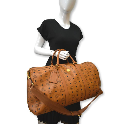 MCM Traveler Visetos Canvas Weekender Bag Cognac