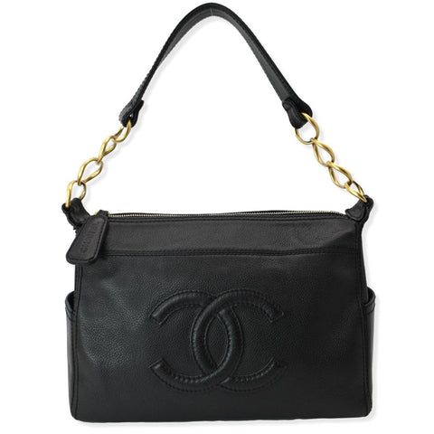 CHANEL CC Calfskin Leather Ring Chain Satchel Bag Black