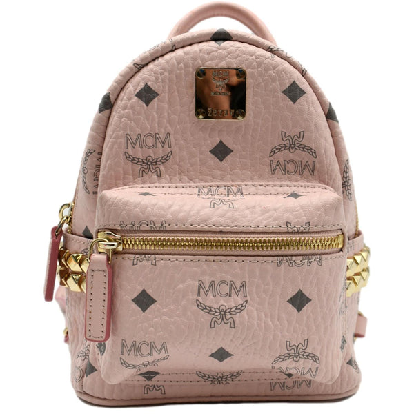 MCM Stark Bebe Boo Studded Mini Visetos Logo Leather Backpack Bag Pink