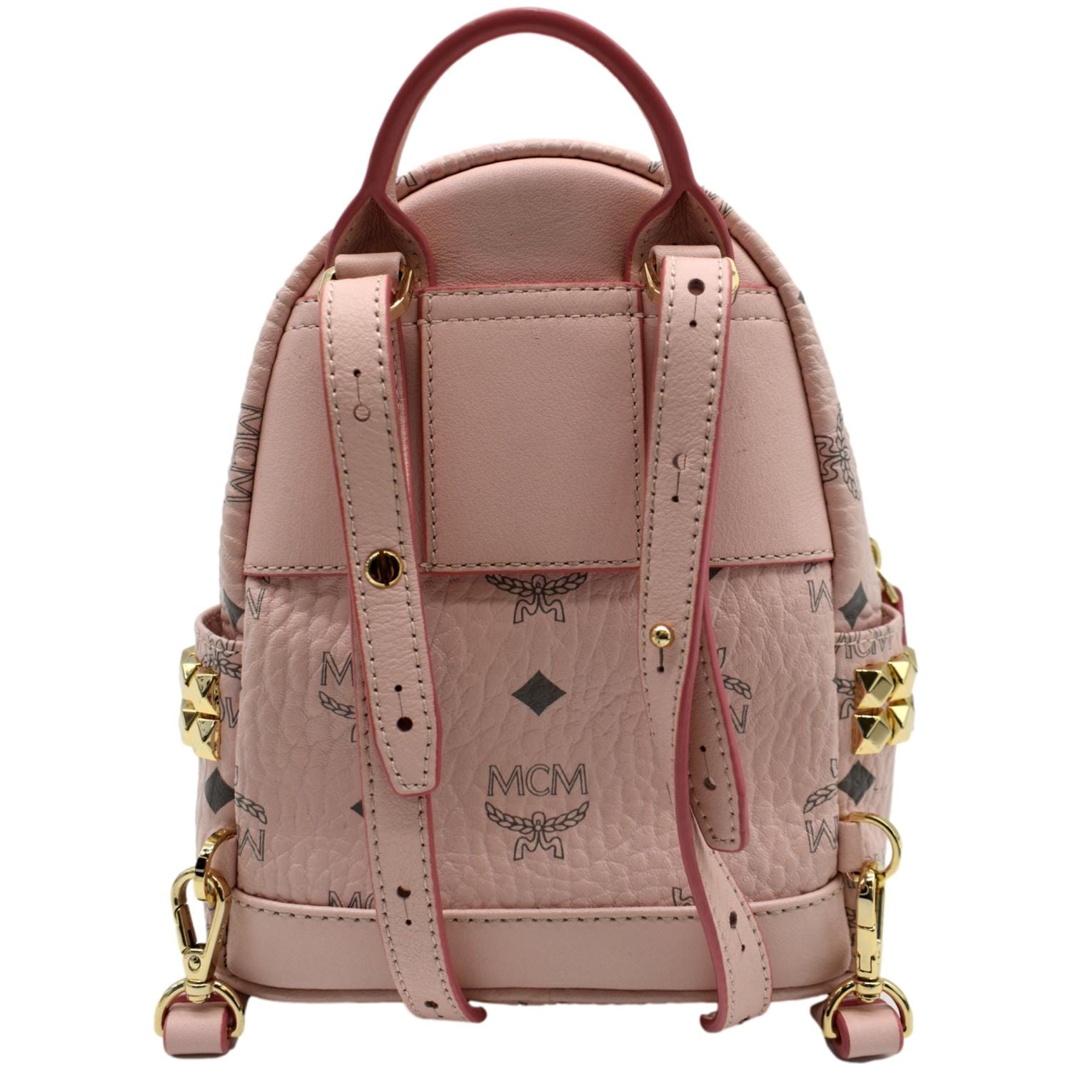 harga mcm mini backpack original MCM Stark Bebe Boo Studded Mini Visetos Logo Leather Backpack Bag Pink