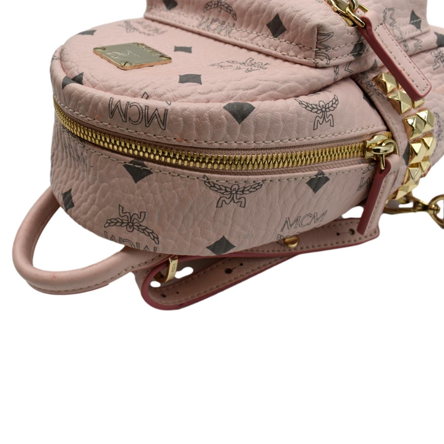 bebe mini backpack pink MCM Stark Bebe Boo Studded Mini Visetos Logo Leather Backpack Bag Pink