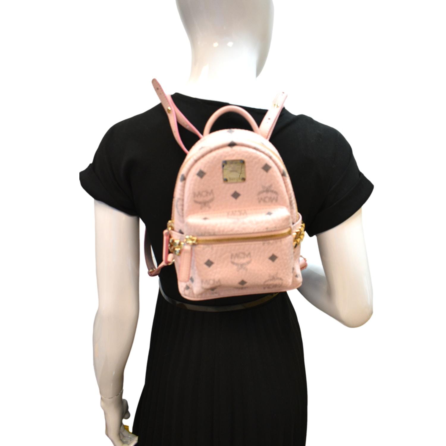 blush mini backpack purse MCM Stark Bebe Boo Studded Mini Visetos Logo Leather Backpack Bag Pink
