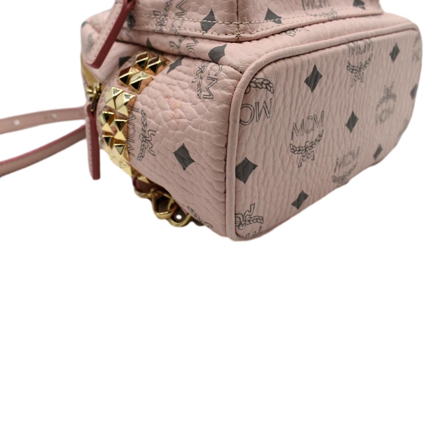 harga mcm mini backpack original MCM Stark Bebe Boo Studded Mini Visetos Logo Leather Backpack Bag Pink