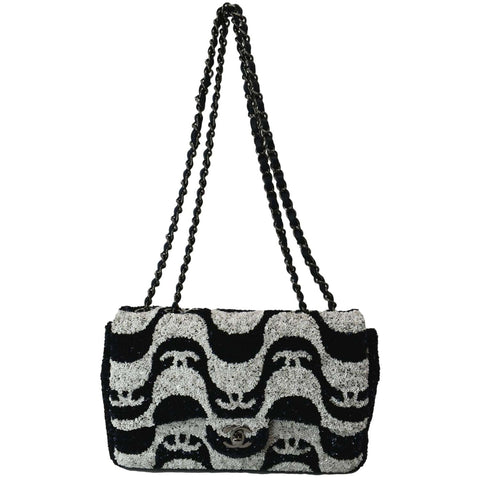 CHANEL Classic Flap Sequin Chain Shoulder Bag Black/White