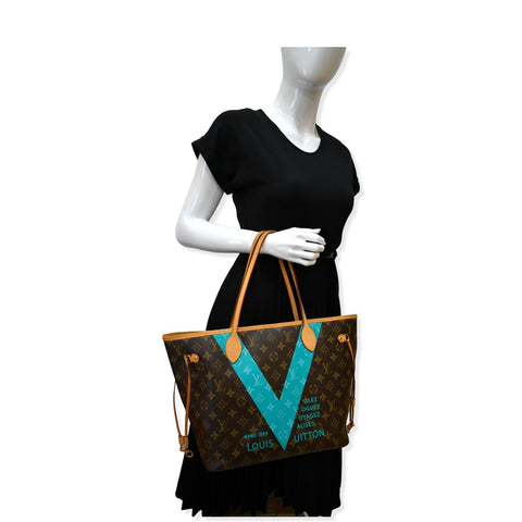 LOUIS VUITTON Limited Edition V Neverfull MM Monogram Canvas Tote Bag Turquoise