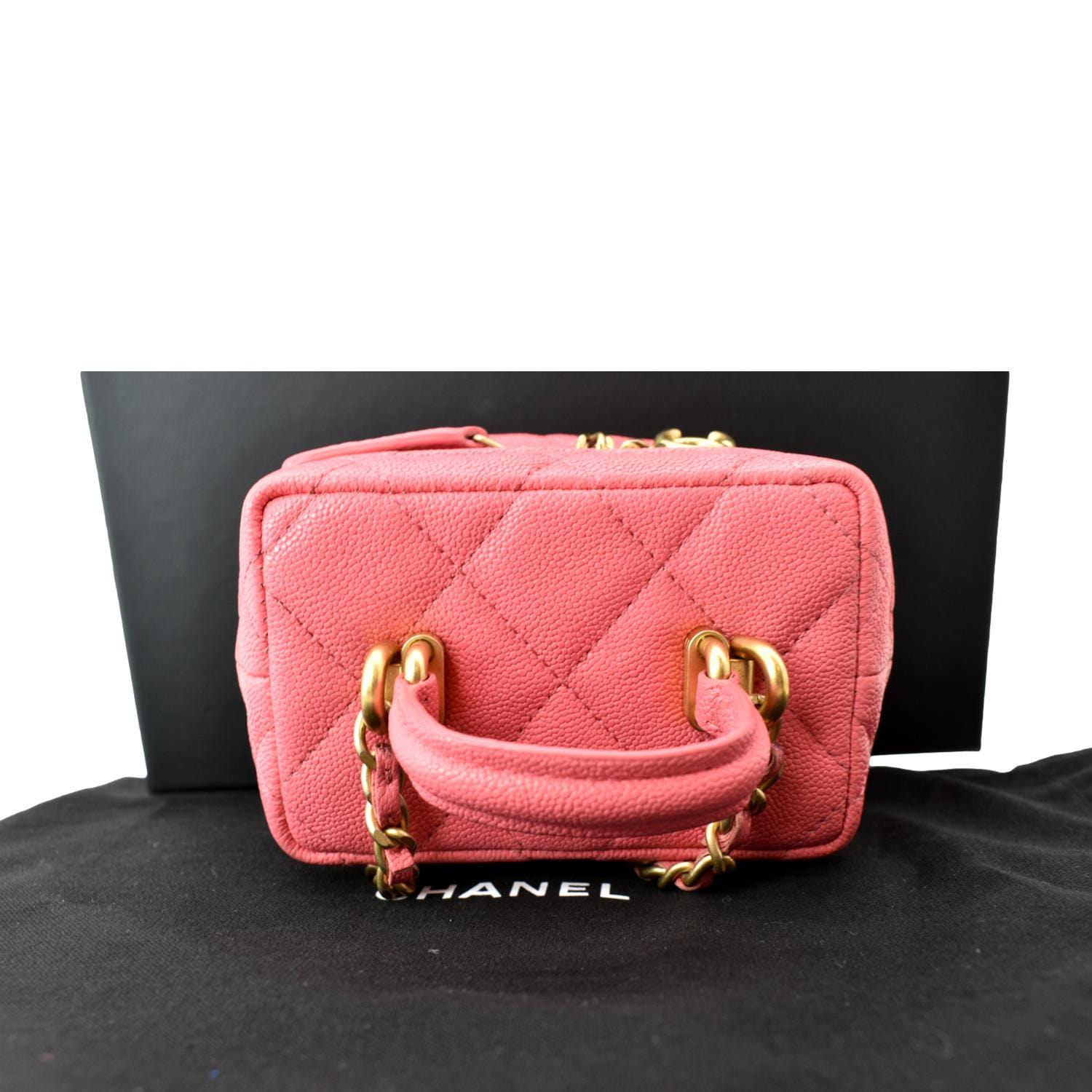 Gorgeous CHANEL Pink Lambskin Vanity Case Crossbody Bag Fancy Logo