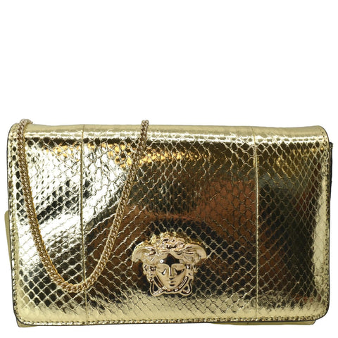 VERSACE Palazzo Medusa Metallic Leather Chain Clutch Bag Gold