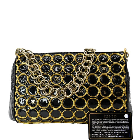 CHANEL CC Embroidered Patent Quilted Chain Clutch Bag Black/Gold