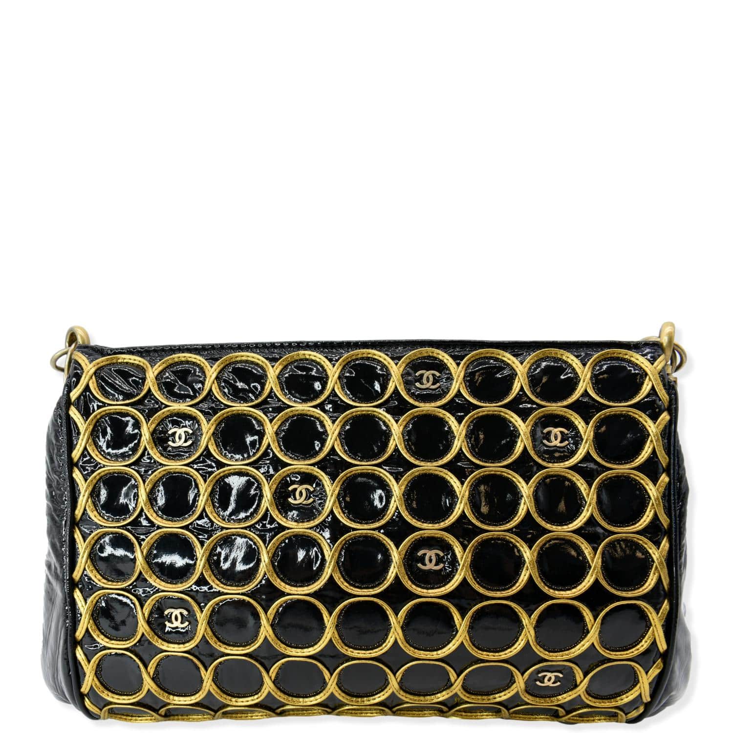 Chanel black and gold wallet/clutch with leather chain strap at