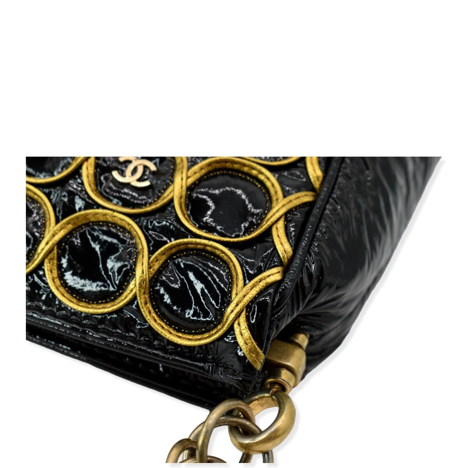 Auth CHANEL - Black Gold Satin Leather Clutch Bag Gold hardware