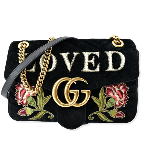 GUCCI Blind For Love Marmont Embroidered Velvet Shoulder Bag Black 443496
