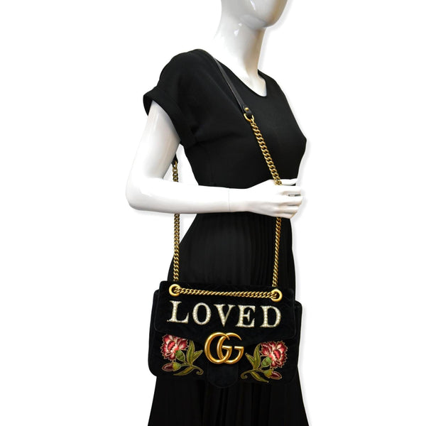 GUCCI Blind For Love Marmont Embroidered Velvet Shoulder Bag Black 443496