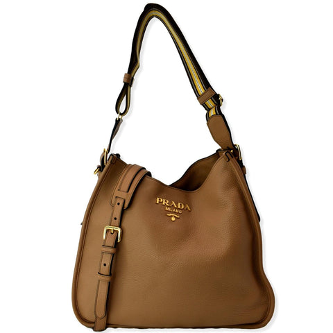 PRADA Logo Soft Leather Hobo Shoulder Bag Taupe - 10% Off