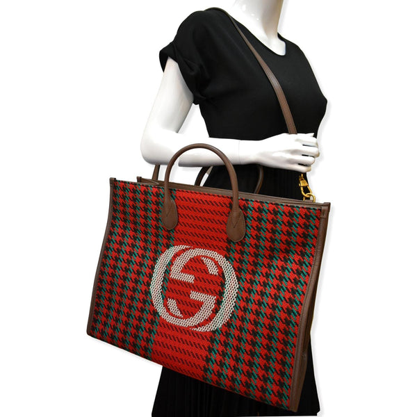GUCCI New Interlocking GG Houndstooth Stripe Shoulder Bag Red 644994