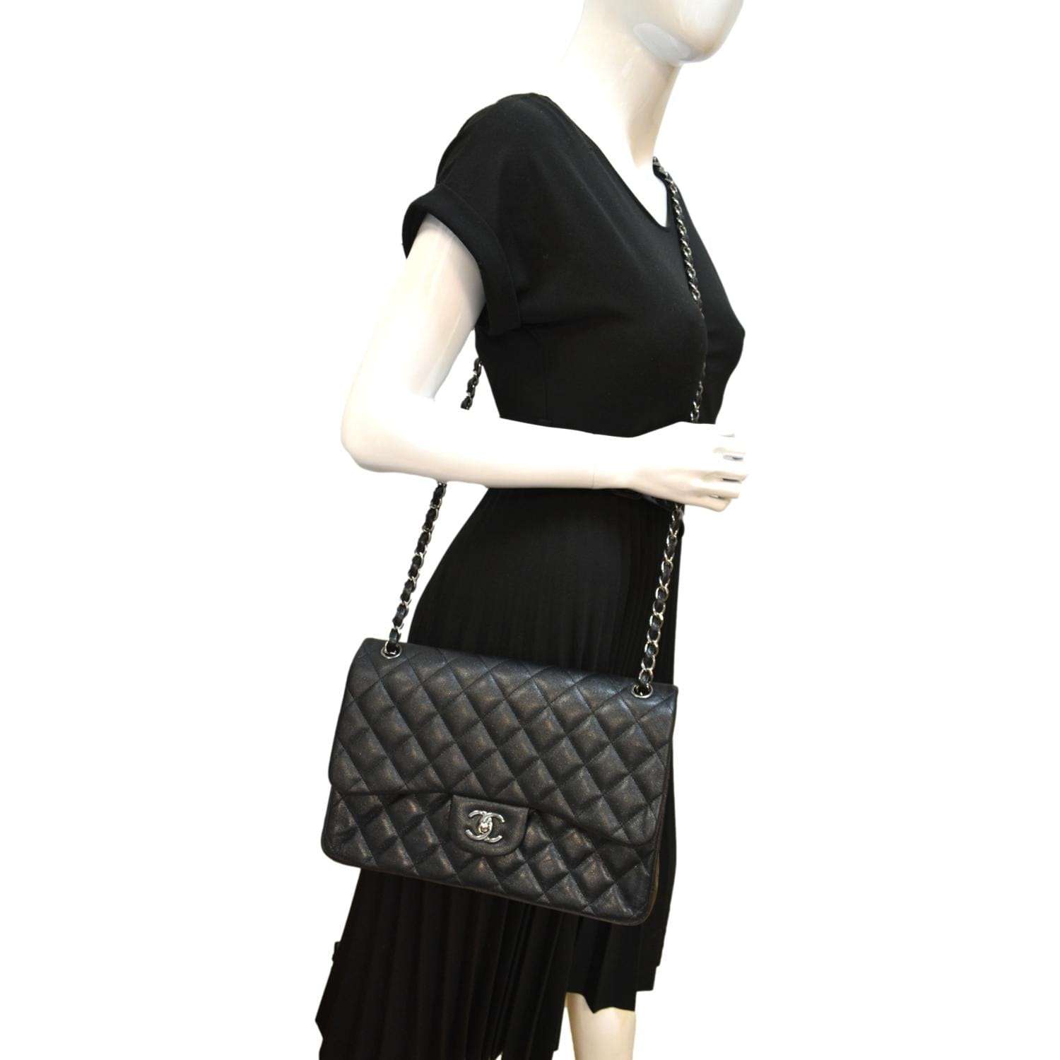 CHANEL Classic Double Flap Caviar Leather Shoulder Bag Black
