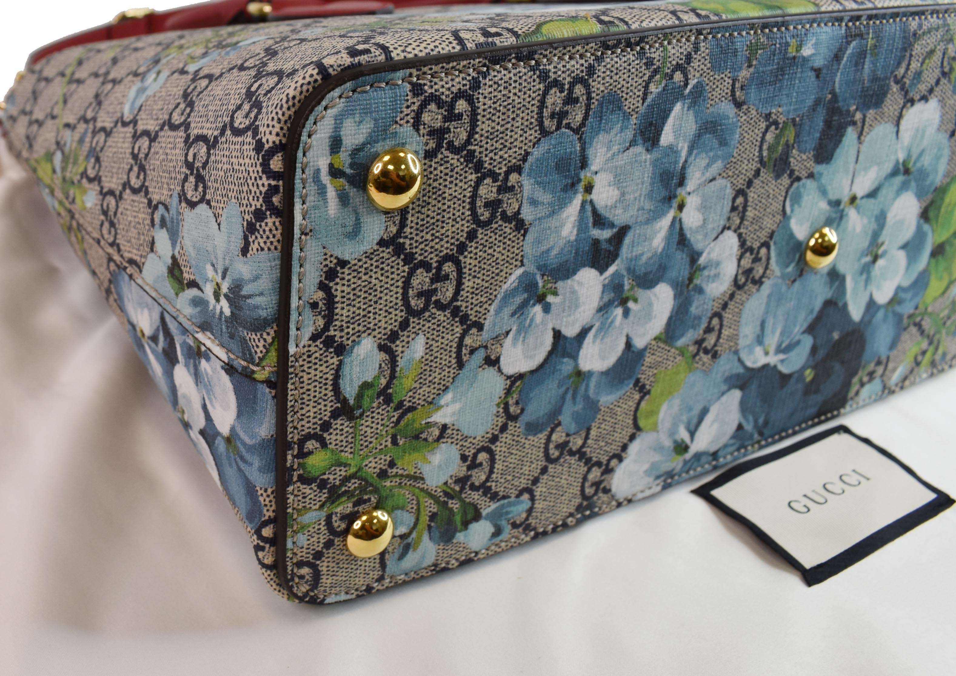 Gucci Blooms GG Supreme Brown Canvas Wallet Blossoms Blue Floral Box New