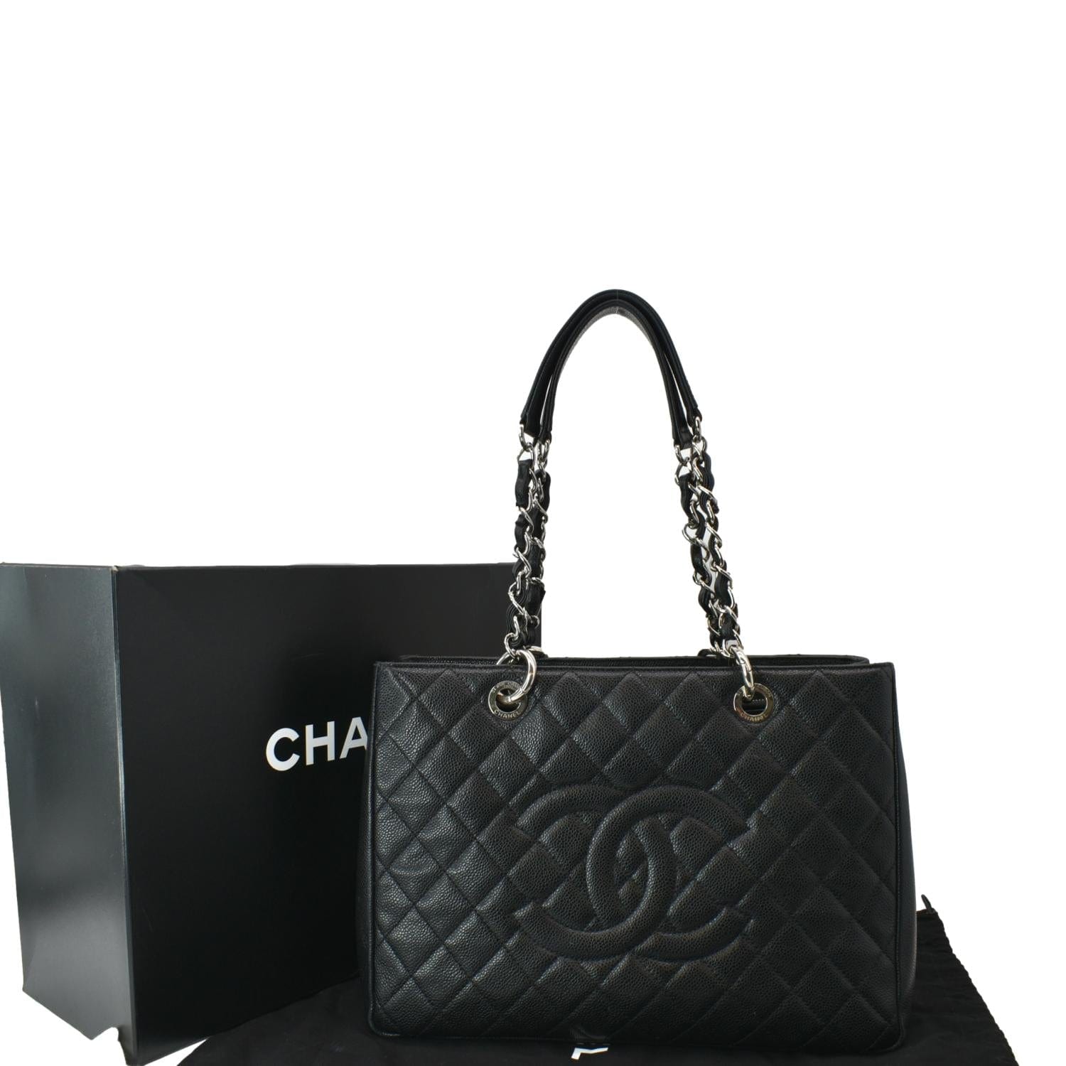 CHANEL Quilted Matelasse GST Caviar Silver Chain Grand Shopping Tote Bag  White