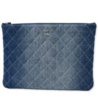 CHANEL Quilted Denim O Case Medium Pouch Blue
