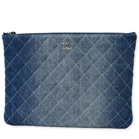 CHANEL Quilted Denim O Case Medium Pouch Blue