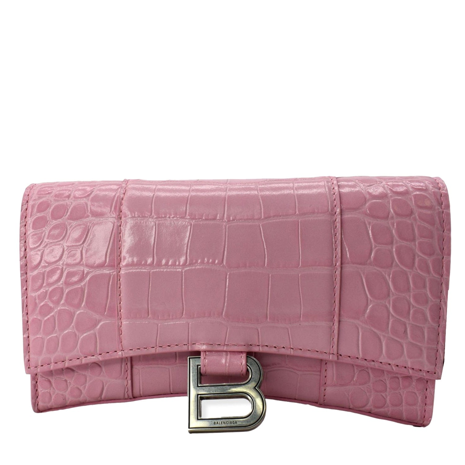 BALENCIAGA Hourglass Crocodile Embossed Chain Wallet Pink