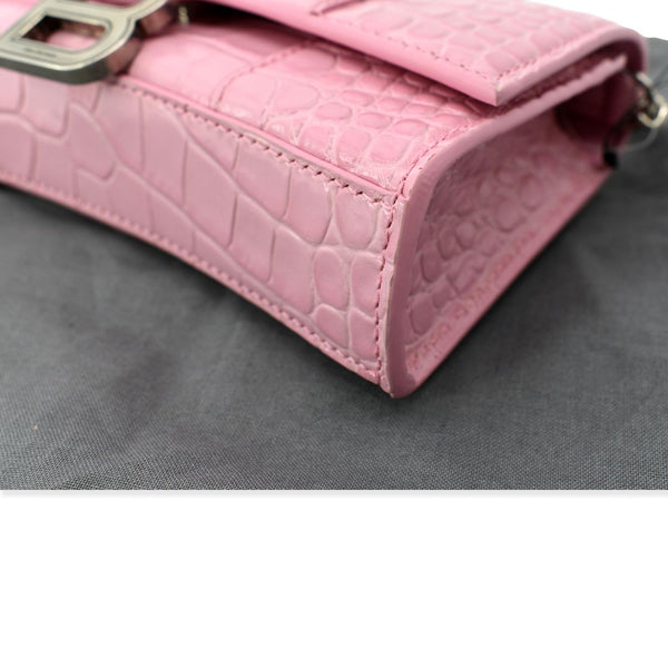 BALENCIAGA Hourglass Crocodile Embossed Chain Wallet Pink