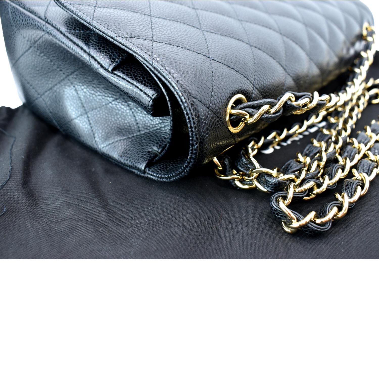 CHANEL Classic Jumbo Double Flap Caviar Leather Shoulder Bag Black