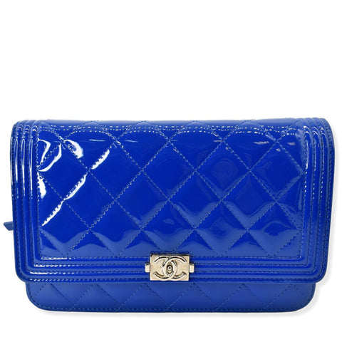 CHANEL Boy WOC Patent Leather Wallet On Chain Clutch Bag Blue
