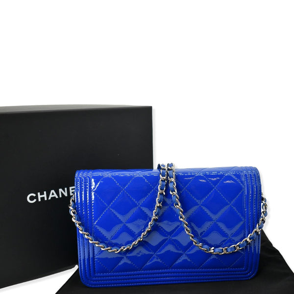 CHANEL Boy WOC Patent Leather Wallet On Chain Clutch Bag Blue