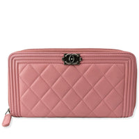 CHANEL Small Boy Lambskin Zip Around Long Wallet Pink