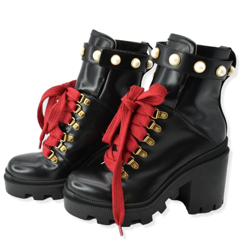 GUCCI Calfskin Pearl Lace Up Combat Ankle Boots Black 497372 Size 36.5