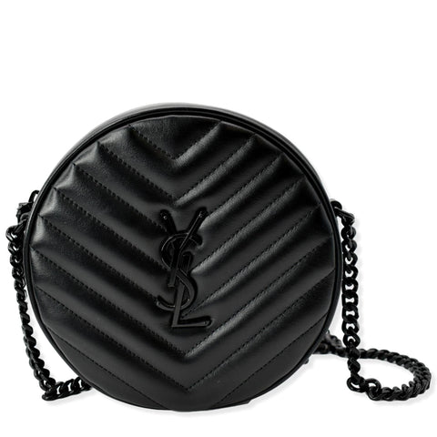 YVES SAINT LAURENT Vinyle Round Chevron Leather Camera Crossbody Bag Black