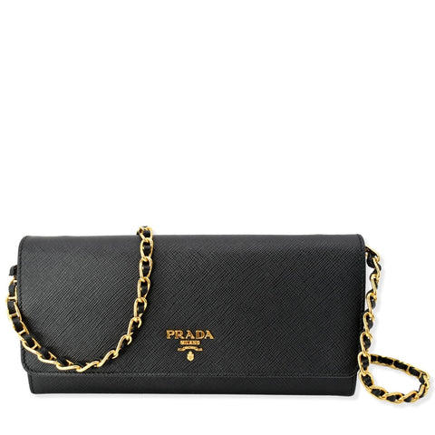 PRADA Saffiano Leather Wallet on Chain Clutch Crossbody Bag Black