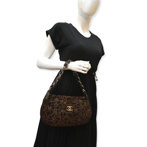 CHANEL Camellia Chain Embossed Suede Medium Shoulder Bag Brown