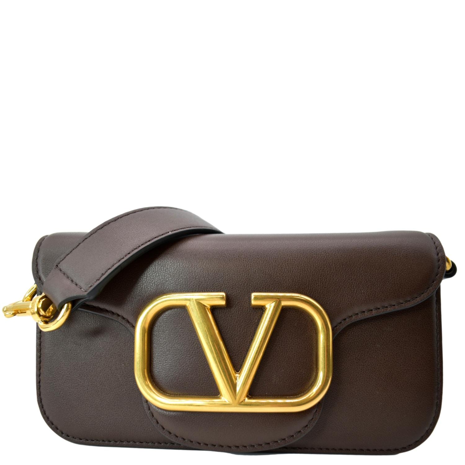 VALENTINO Loco V Logo Calfskin Leather Crossbody Bag Dark Brown