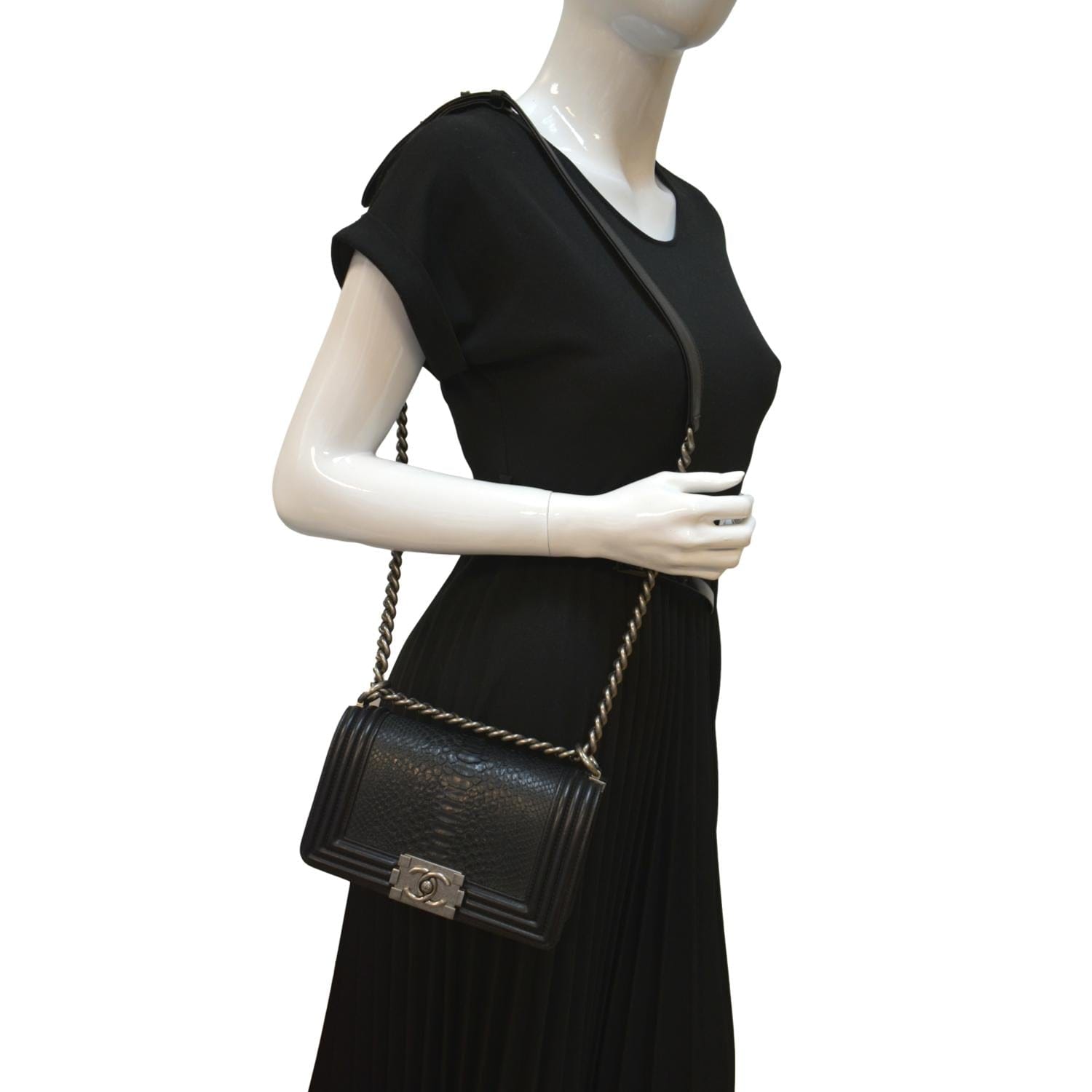 CHANEL Small Flap Boy Python Leather Shoulder Bag Black Chanel Small Flap Boy Python Leather Shoulder Bag Black