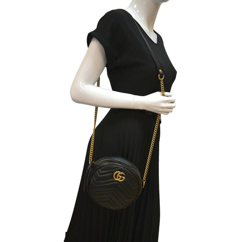 GUCCI GG Marmont Mini Round Leather Crossbody Bag Black 550154